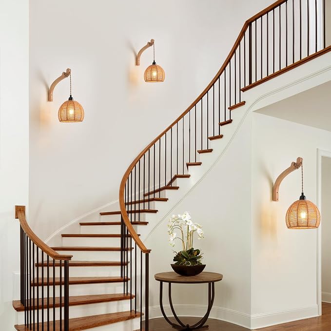 Plug in Wall Sconce,Farmhouse Wicker Wall Lamp Plug in,Hand Woven Rattan Wall Light Farmhouse Rustic Boho Sconces Wall Lighting for Living Room Bedroom