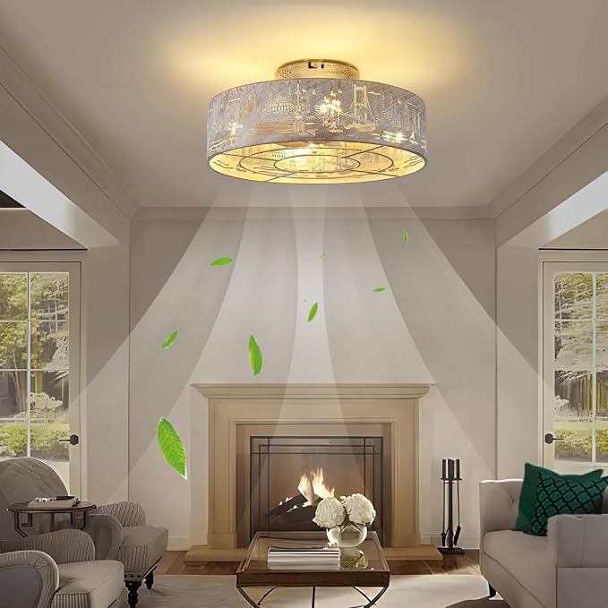 Caged Ceiling Fans with Lights Flush Mount,Low Profile Ceiling Fan with Remote,20 Inch Caged White Fan for Bedroom,6 Speeds Reversible Enclosed Fandalier Ceiling Fan with Bulb