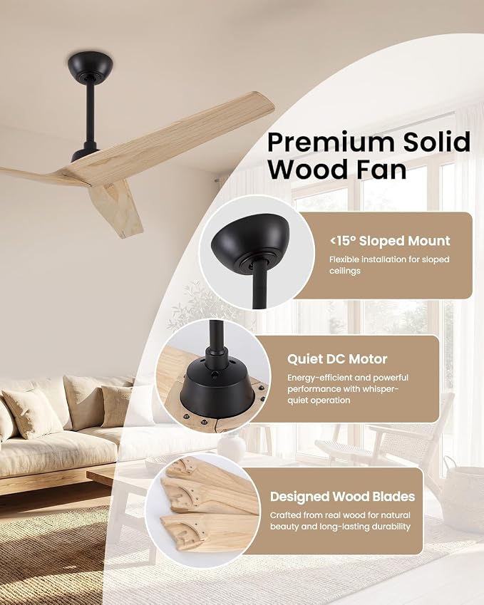 Skylike 60in Modern Wood Ceiling Fan No Light with Remote for Bedroom-Light | Real Wood Blades,Quiet DC Motor,Reversible,Beep-Off Function,6 Speeds,3 Timers,12" downrod ,Indoor and Outdoor