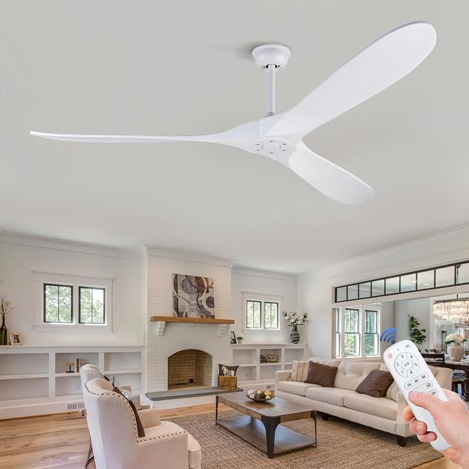 Large Ceiling Fans without Lights, 72 Inch Ceiling Fan no Light with Remote Control, 3 Solid Wood Blades Indoor Outdoor Fans Ceiling for Patios Porch Living Room Office (White Blades)