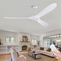 Large Ceiling Fans without Lights, 72 Inch Ceiling Fan no Light with Remote Control, 3 Solid Wood Blades Indoor Outdoor Fans Ceiling for Patios Porch Living Room Office (White Blades)