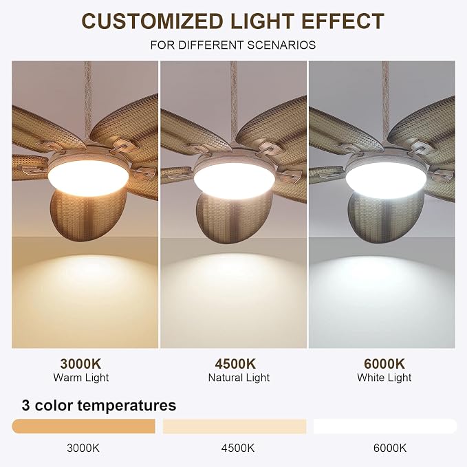 62"Large Unique Tropical Style Palm Leaf Ceiling Fans with Lights & Remote | Super Large Airflow with 6 Wind Speeds,Reversible,3 LED Light Colors,50W Quiet DC Motor,4H Timer,Suits for Living Room Patio