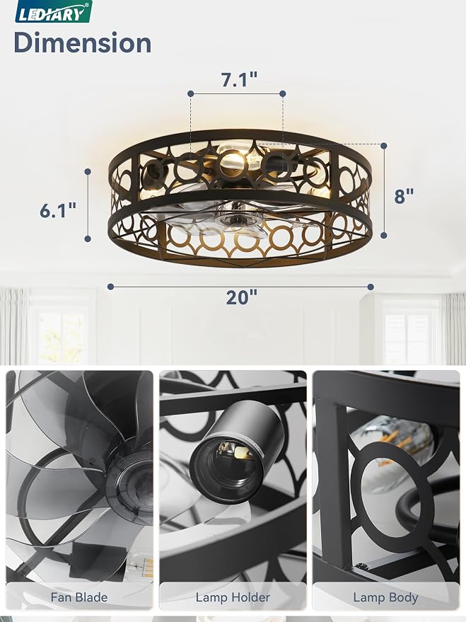 LEDIARY Caged Ceiling Fans with Lights and Remote, 20in Small Low Profile Ceiling Fan with Light, 6 Speed Farmhouse Flush Mount Ceiling Fan for Bedroom, Kitchen, Living Room-Black