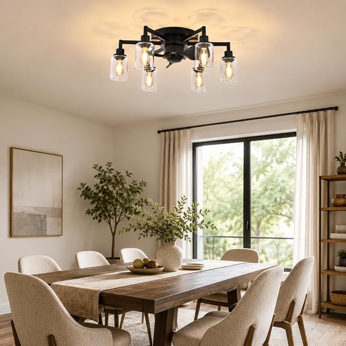 Garwarm 26IN Ceiling Fans with Lights, Black Flush Mount Ceiling Fan with Lights Remote Control,Low Profile Bladeless Ceiling Fan Light Fixture for Bedroom, Kitchen, Dining Room