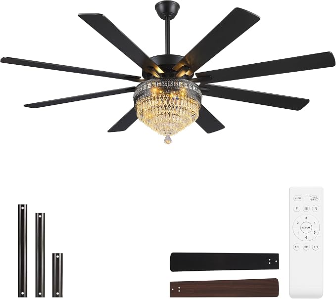 GJeg Crystal Ceiling Fan Fandelier with Lights - Outdoor Ceiling Fans with Remote Control, Farmhouse Ceiling Fan with Noiseless DC Reversible Motor,Dining Room,Living Room(72" Black)