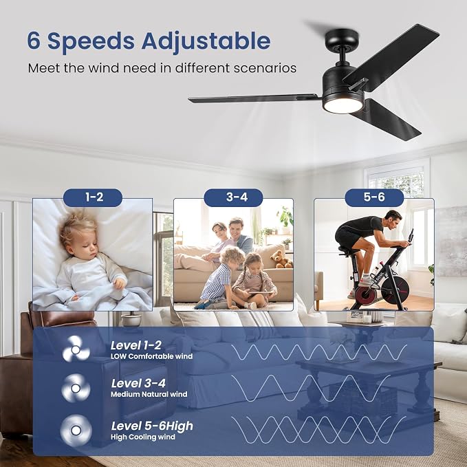 Newday 48 Inch Ceiling Fans with Lights Remote, Black Ceiling Fans Dimmable 3 Color Temperature, Timer, 3 Blades, 6 Speed Modern Fan Quiet Reversible DC Motor for Indoor or Covered Outdoor