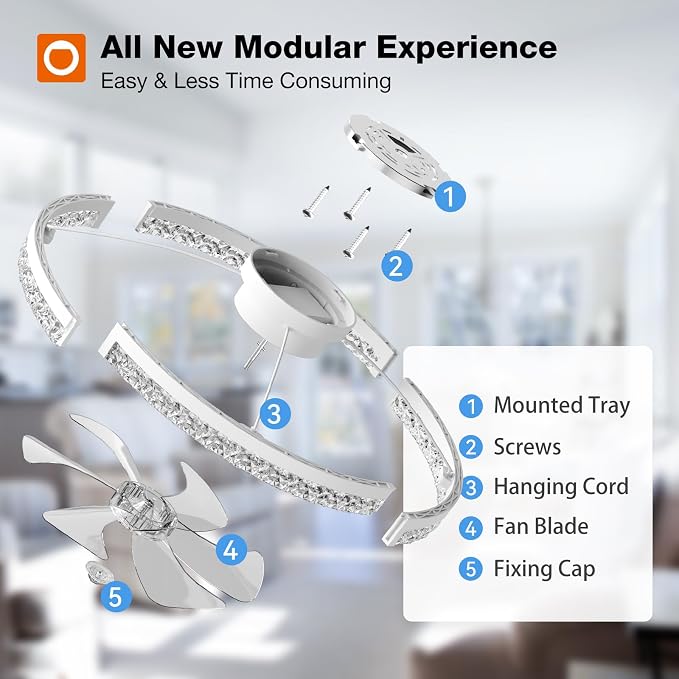 addlon Ceiling Fans with Lights and Remote, 24'' Low Profile Flush Mount Ceiling Fan, 3000–6000K Dimmable LED Fandelier, Bladeless Crystal Fan Light for Bedroom, Kitchen, Living Room, White