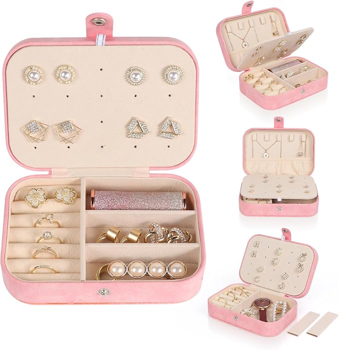 Hatori Travel Jewelry Box, PU Leather Small Jewelry Organizer for Women Girls, Double Layer Portable Mini Travel Case Display Storage Holder Boxes for Stud Earrings, Rings (Pink Beige)