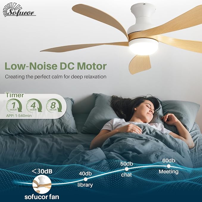 Sofucor Smart 52'' Low Profile Ceiling Fan with Lights and Remote, Flush Mount Ceiling Fan Work with APP/Alexa/Google for Modern Bedroom Living Room Patio, Dimmable LED Quiet Reversible DC Motor