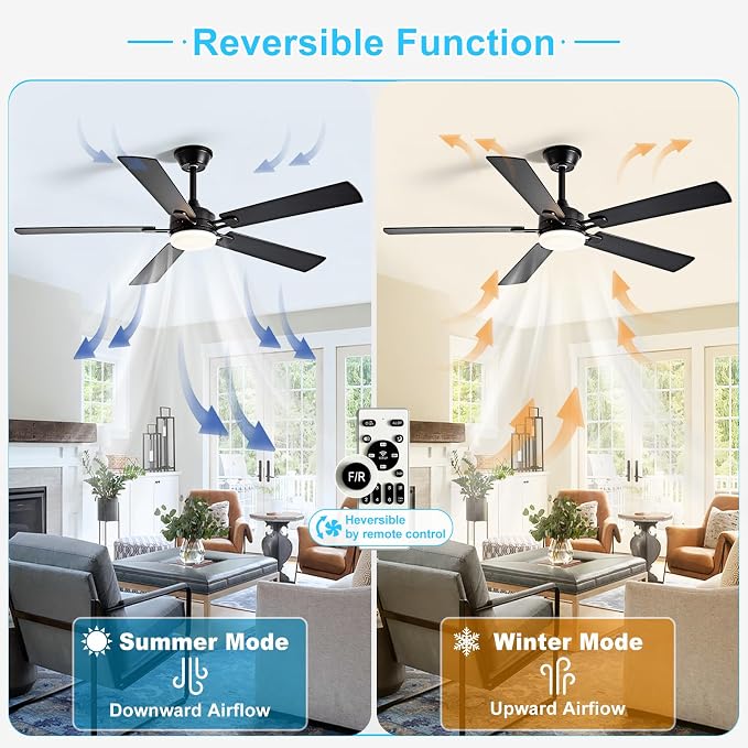 Depuley 52-inch Ceiling Fan with Light: Black Ceiling Fan for Living Room Indoor Outdoor - Modern Ceiling Fan with Remote Control 3CCT Dimmable Noiseless 5 Reversible Walnut Blades 6 Speeds Timer
