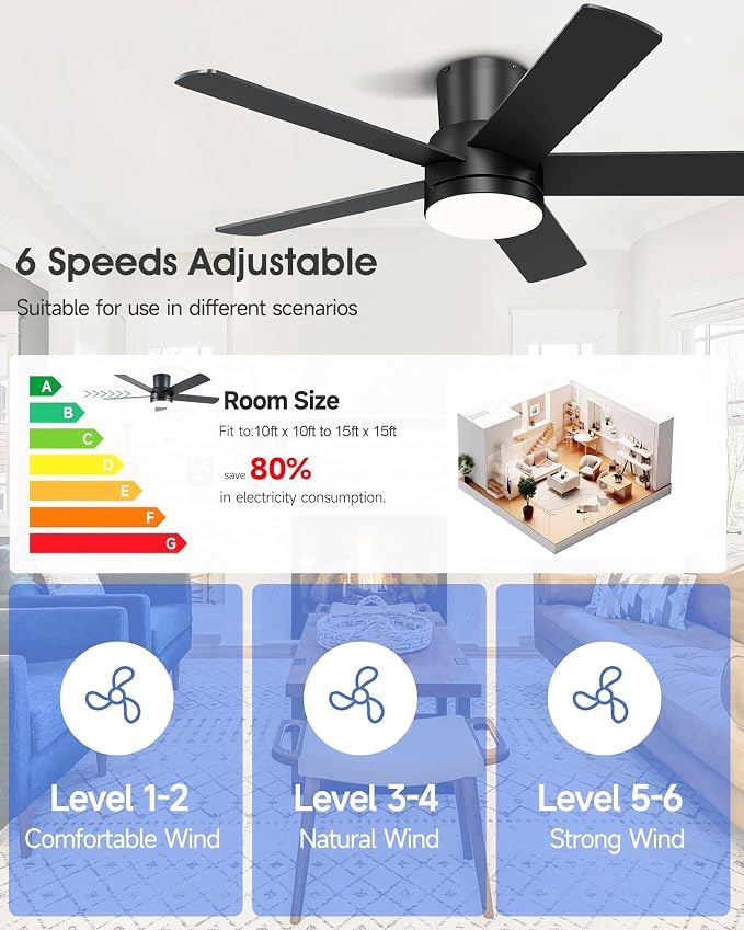 42 Inch Flush Mount Black Ceiling Fan with Light and Remote | 6-Speed Quiet Reversible DC Motor, Dimmable 3CCT LED, 3 Timing Settings, 5-Blade Modern Design, Indoor or Covered Outdoor Use