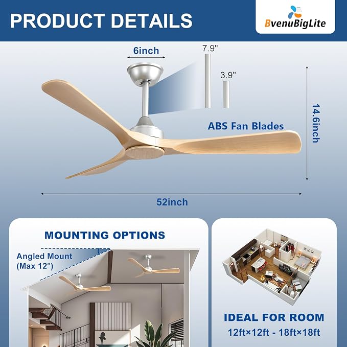 Ceiling Fan Without Light: 52 Inch 3 Blade Indoor Outdoor Fan for Patios - Wood Ceiling Fan No Light Remote APP Control Reversible 6 Speed Timer Noiseless