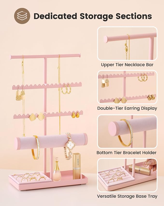 Lolalet Jewelry Organizer Stand, Necklace Bracelet Holder -Pink | Space-Saving Jewelry Display Storage Rack on Vanity Dresser for organizing Earrings Bangels Rings