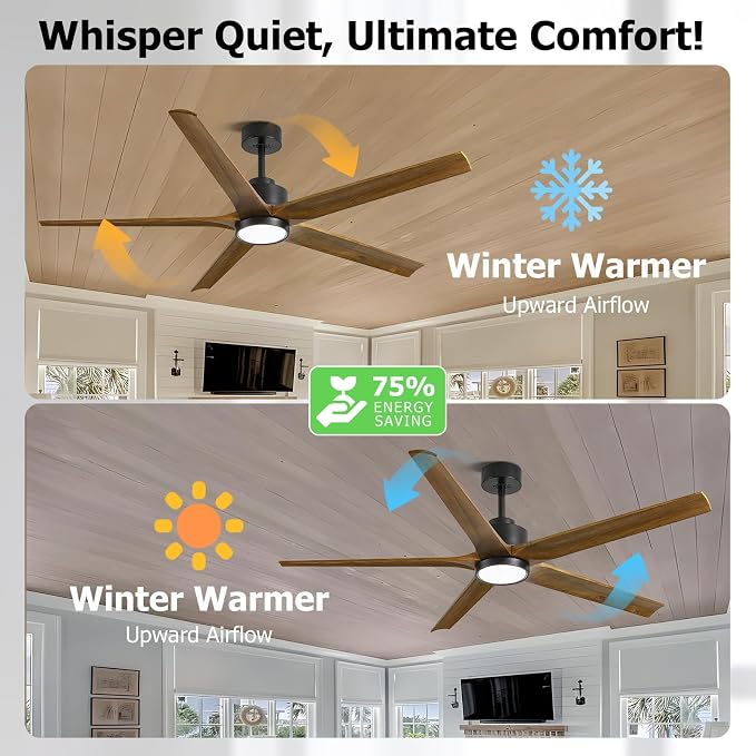 72 Inch Ceiling Fan with Lights and Remote, Outdoor 5 Wood Walnut Blades Ceiling Fans for Patios, Modern High CFM Farmhouse Ceiling Fans, Large Reversible DC Motor Ceiling Fan, Dimmable 3CCT, 6-Speed