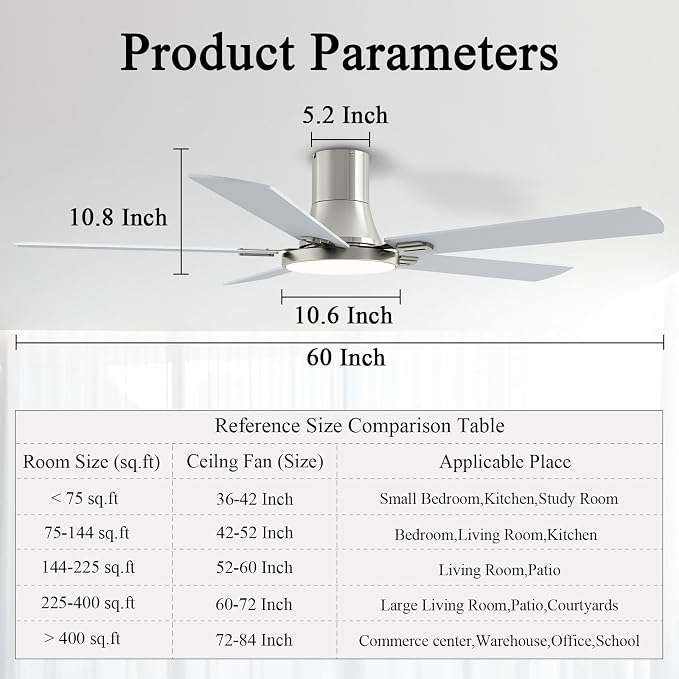 SNJ 60 Inch Brushed Nickel Ceiling Fans with Lights and Remote,Flush Mount Low Profile 5 Blades Ceiling Fan,Dimmable Quiet Reversible DC Motor for,Living Room,Bedroom and Patio