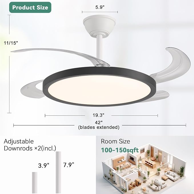 Slim Retractable Ceiling Fan with Lights and Remote, 42 Inch Black and White Modern Ceiling Fan,Dimmable LED,Memory Functionr,Timer Setting& Reversible Motor for Bedroom Living Room