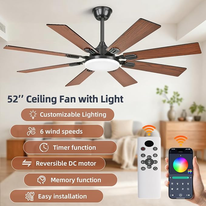 52" Ceiling Fans with Lights and Remote,Modern Ceiling Fan with 8 Dual Finish Blades,Quiet Reversible Motor， Farmhouse Ceiling Fan with RGB Lights for Bedroom,Living Room,Patios， Brown