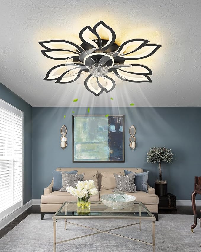 Modern Flower Petal Ceiling Fan with Light, Low Profile Flush Mount LED Fandelier with 3-Color Dimmable Light & 6-Speed Remote, Quiet Bladeless Fan for Bedroom/Living Room – Black