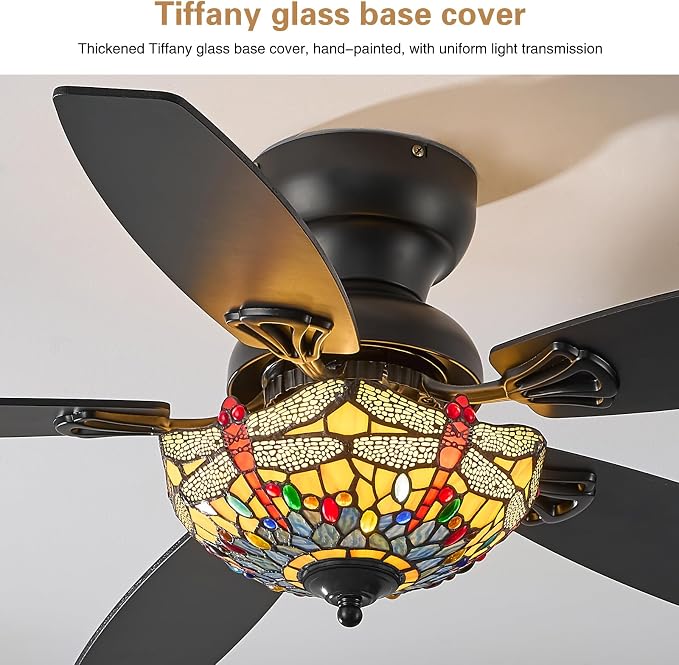 Tiffany Ceiling Fans with Lights - 48" Ceiling Fan Chandelier with 5 Dual-Blades and Glass Shade, 6 Speeds and Reversible, Indoor and Outdoor, Retro Style