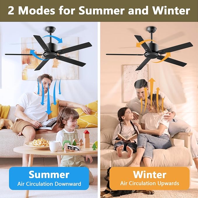 Obabala Outdoor Ceiling Fan No Light, 42 Inch Black Modern Ceiling Fan Without Light, Dual Finish 5 Blades,6 Speed, Reversible Quiet DC Motor for Patios, Garage, Bedroom, Porch