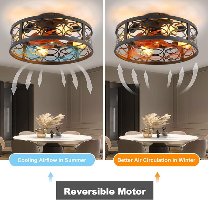 20" Caged Ceiling Fan with Light and Remote，Bladeless Ceiling Fan 6 Speed Reversible with 4 Bulbs and Remote Control.Low Profile Ceiling Fans with Lights for Bedroom, Dining Room