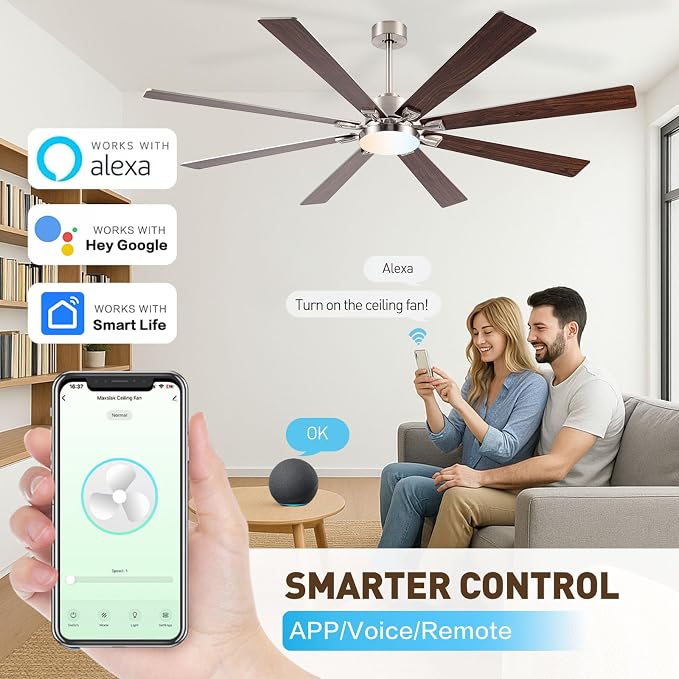 72 Inch Large Smart Ceiling Fan with Light and Alexa/APP(via WiFi),Brushed Nickel Indoor Outdoor Ceiling with Remote for Bedroom Patio,6 Speed,Quiet DC Motor,3CCT,8 Wooden Blades