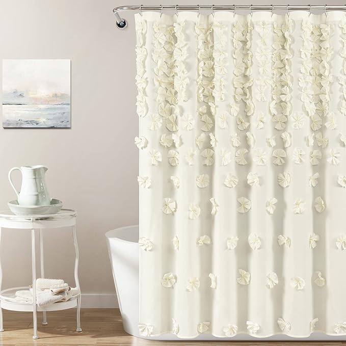 Lush Decor Riley Shower Curtain, 72" W x 72" L", Ivory - Bathroom Curtain - Coquette Decor - Bow Shower Curtains - Cottage Core - Fabric Shower Curtains