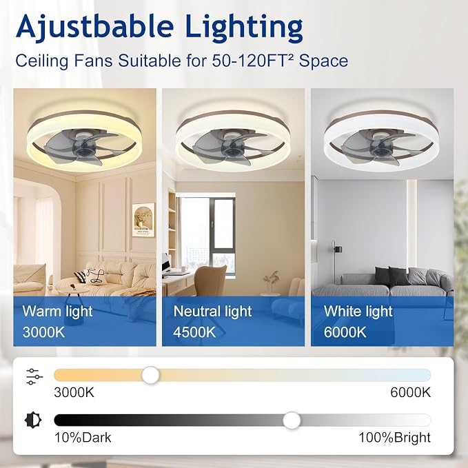 DLLT LED Ceiling Fan with Light: 16" Modern Low Profile Flush Mount Fandelier with App & Remote Control - Dimmable Brown Bladeless Fan Light Fixture for Bedroom Kids Room Living Room