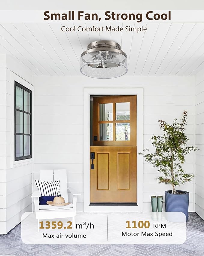 Low Profile Nickel Caged Ceiling Fan with Light and Remote, 13.2” Modern Flush Mount Ceiling Fan, DC Motor, Max 1100 RPM Silver Fandelier Ceiling Fans with LED Light for Bedroom Kitchen