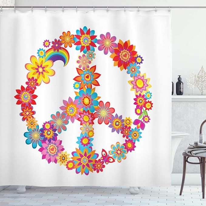 Ambesonne 1960s Shower Curtain, Colorful Peace Flower Nature Youthful Flourishes Happiness Hippie Art, Cloth Fabric Bathroom Decor Set with Hooks, 69" W x 84" L, Blue Red