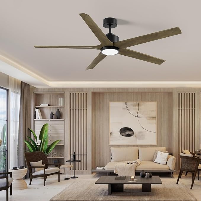 60 Inch Ceiling Fan with Lights, Outdoor Wood Silent Ceiling Fans, Modern High CFM Farmhouse Ceiling Fans, Quiet Reversible DC Motor, 5 Blades 6 Speed for Bedroom Living Room Exterior Patios
