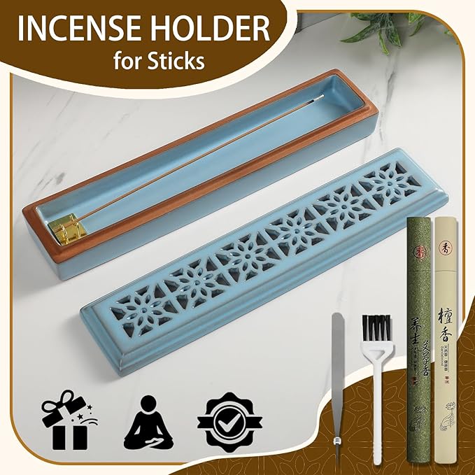CEREMONY Incense Holder for Sticks, Ceramic Insence-Stick Holder Ash Catcher, Incense Holder Timkburner for Meditation Yoga Spa Room Incense Holder (Lever Blue)
