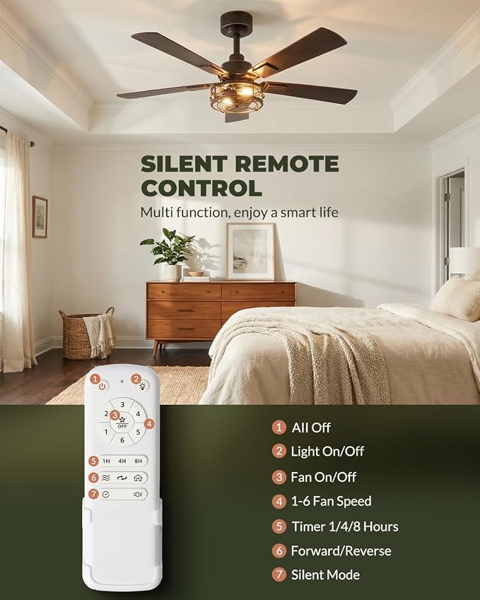 Farmhouse Ceiling Fans with Lights, 42 Inch Bedroom Ceiling Fan with Remote Control, Quiet and Reversible DC Motor, 6-Speed 5 Blades Caged Ceiling Fan for Bedroom, Living Room, Black and Gold Color