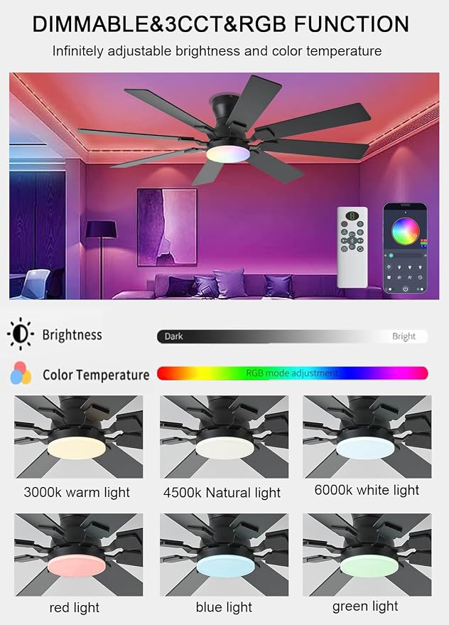 JSAITEE 52 inch Ceiling Fan with Light, 6 Speeds Reversible Low Profile Ceiling Fan with Light and Remote/APP Control, 3 Color Temp+Dimmable RGB, 8 Blades, Flush Mount Quiet Ceiling Fans, Black
