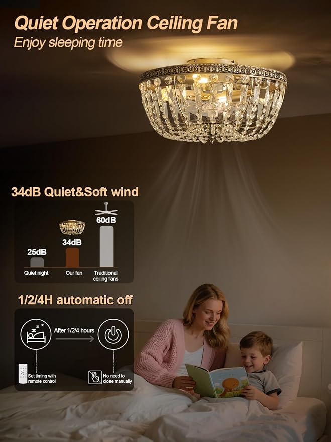 20" Flush Mount Fandelier Ceiling Fan with Light, Crystal Gold Fandelier Ceiling Fan with Light Remote Control, Vintage French Country Caged with 6 Speeds for Bedroom, Living Room, Foyer, Nursery