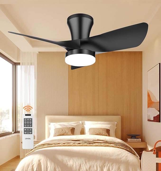 OPONL Ceiling Fan with Light, Ceiling fan with Light and Remote Control, Reversible, 6CCT, Dimmable, Noiseless, Ceiling Fan for Bedroom, Indoor/Outdoor Use, Black, 30 inch, Modern