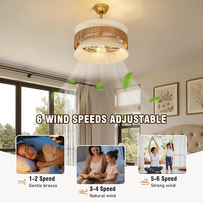 Boho Fandelier Ceiling Fan with Light,Gold Rattan Chandelier Fan Remote Caged Fandelier Ceiling Fan for Bedroom Nursery Foyer Kitchen and Living Room 6 Speeds Timing Adjustment Height Enclosed 20Inch