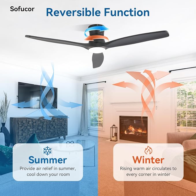 Sofucor 52" Smart Ceiling Fan, Solid Wood Ceiling Fan with Lights and Remote, Flush Mount Ceiling Fan Works with Alexa/Google/App, Dimmable 6-Speed Timing Reversible DC Motor for Bedroom Living Room