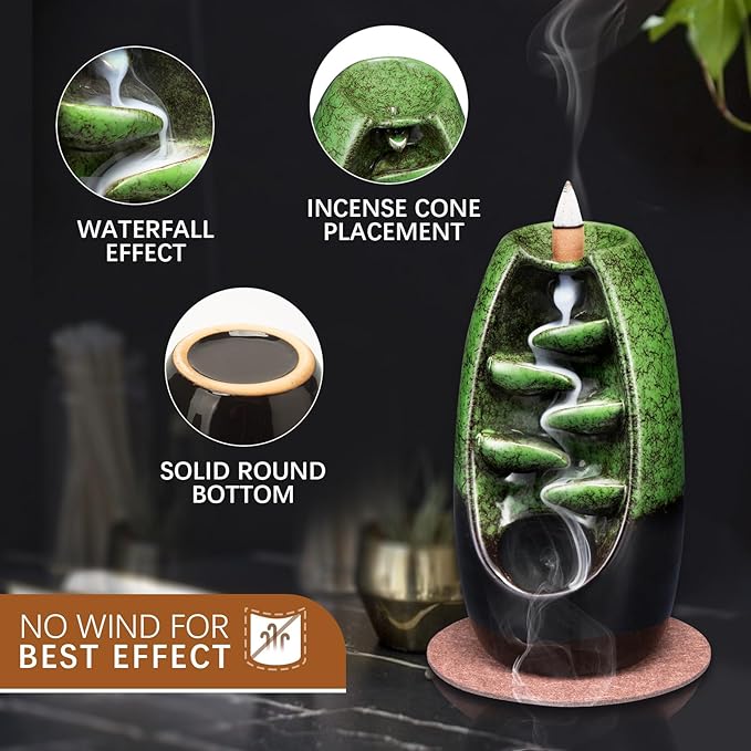 SPACEKEEPER Ceramic Backflow Incense Holder Incense Burner Waterfall with 120 Backflow Incense Cones & 30 Incense Stick, Aromatherapy Ornament Home Decor, Green