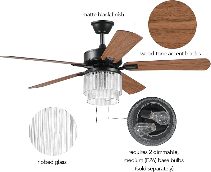 52" Matte Black 2-Light Indoor/Covered Outdoor Ceiling Fan with Glass Shade and Remote Control | WhisperQuiet DC Motor, 6 Speeds, Reversible Blades, Reversible Airflow, Remote Included, Bulbs Sold Separately