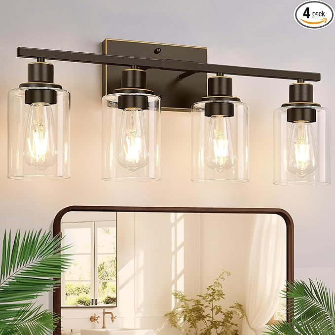 Indoi 4-Light Bathroom Light Fixtures, Oil-Rubbed Bronze Modern Vanity Lights with Clear Glass Shades, Bathroom Wall Lamp for Mirror Living Room Cabinet Bedroom Porch