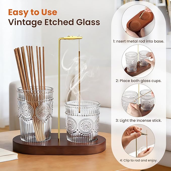 2 in 1 Incense Holder for Sticks, Vintage Glass Upside Down Incense Burner with Removable Ash Catcher & Solid Wood Base, Anti-Ash Flying Catcher for Meditation, Yoga, Spa & Home Decor- Brown