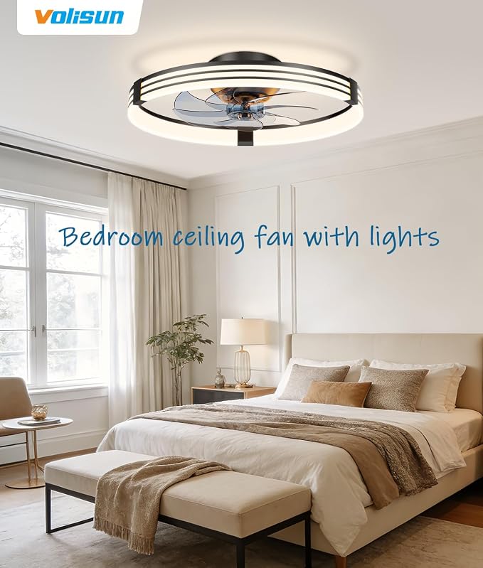VOLISUN Low Profile Ceiling Fans with Lights and Remote, 20in Flush Mount Ceiling Fan with Light, 3000K-6500K Dimmable Fandelier LED Fan Light, Black Bladeless Ceiling Fans with Lights for Bedroom