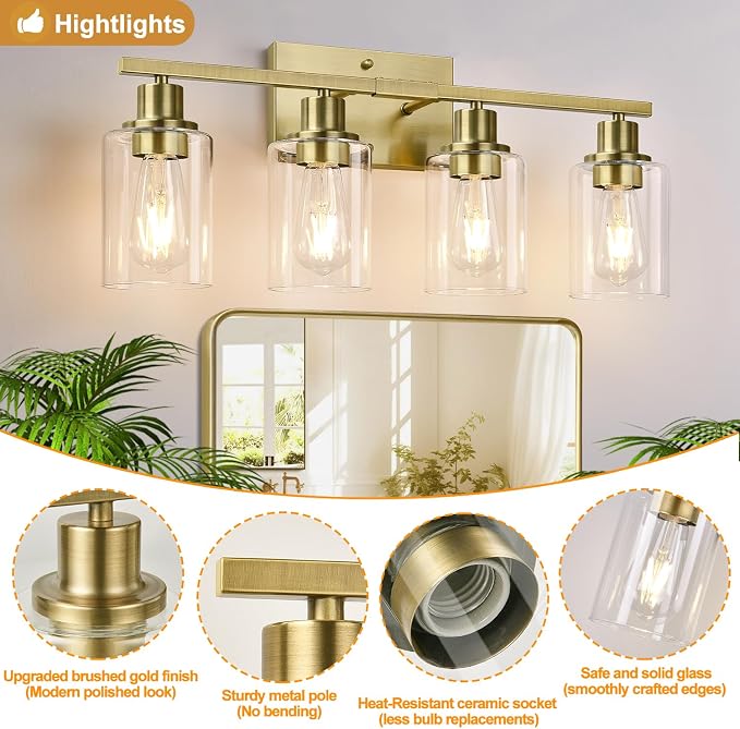 Indoi 4-Light Bathroom Light Fixtures, Brass Modern Vanity Lights with Clear Glass Shades, Bathroom Wall Lamp for Mirror Living Room Cabinet Bedroom Porch