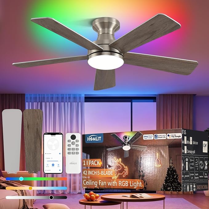 42 inch RGB Ceiling Fan with Light, Voice & App & Remote Control Low Profile Flush Mount Ceiling Fan,6 Speeds Silent Motor, 4-Color Temperature Dimmable for Home Office Party, Brush Nickel