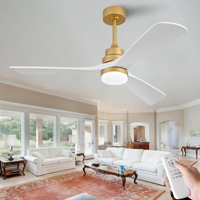 52 Inch Wood Ceiling Fans with Lights and Remote, White Gold Outdoor Ceiling Fan with Light, Dimmable 3 Blades Outdoor Fans for Patios Noiseless Modern Ceiling Fans for Bedroom Living Room