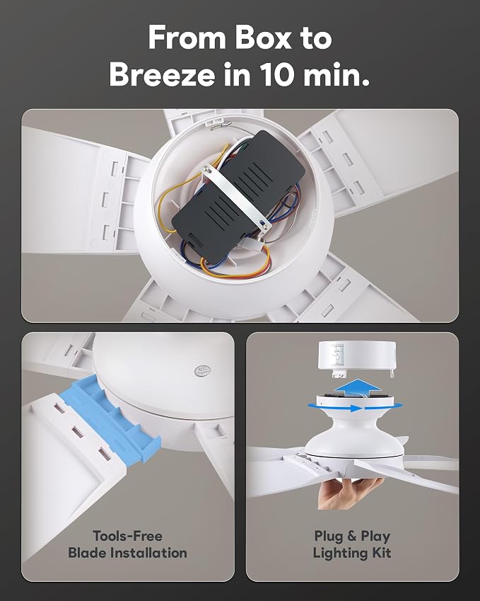 VONLUCE 42 Inch Ceiling Fan with Lights, Quick Install Ceiling Fan and Remote, 6-Speeds Noiseless Reversible DC Motor, 3CCT, Modern Ceiling Fan for Bedroom Living Room Kitchen, White