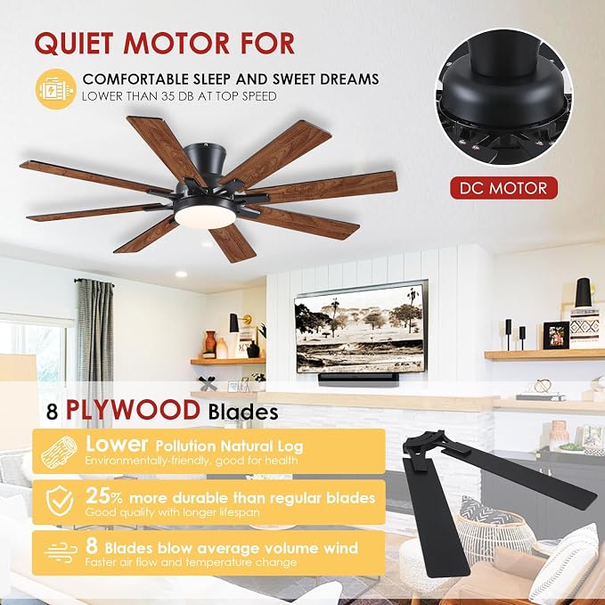 Mpayel Ceiling Fans with Lights, 52 Inch Low Profile Flush Mount Ceiling Fan, Modern Brown Ceiling Fan with Light for Bedroom Living Room, Remote/APP Control, Quiet DC Motor, Dimmable, 8 Wood Blades