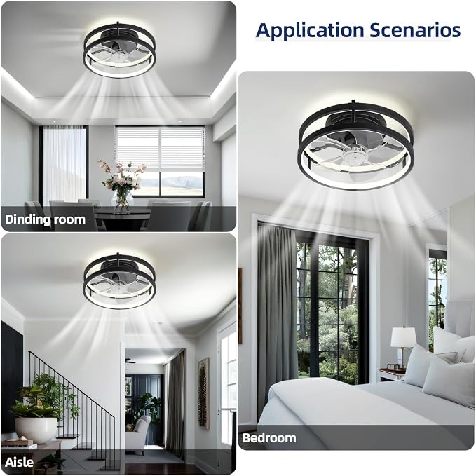13 Inch Small Ceiling Fan with Light and Remote, Low Profile Flush Mount Fandelier, Dimmable 3CCT Quiet LED Ceiling Fans for Bedroom,Black001