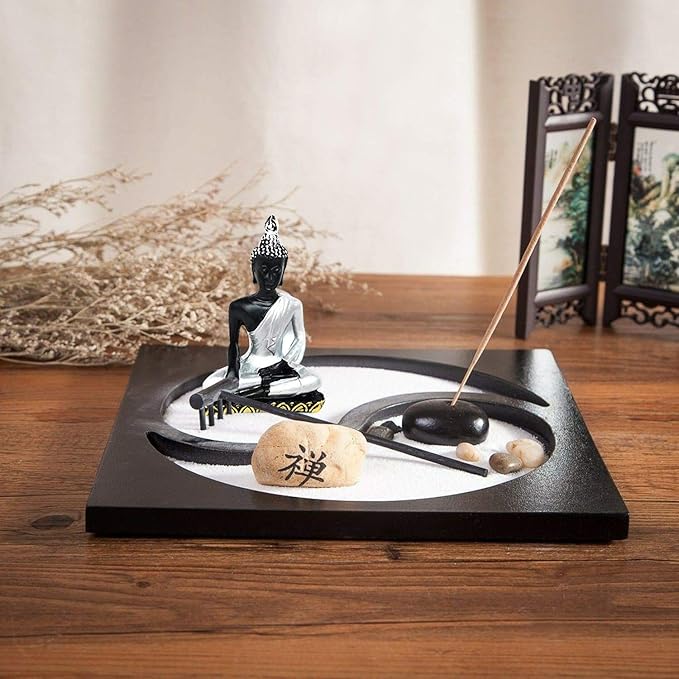 Zen Garden Deluxe Desk Meditation Garden Yin Yang Base with Silver Statue, Sand, Rocks, Rake, Incense and Incense Burner - Peace & Tranquility